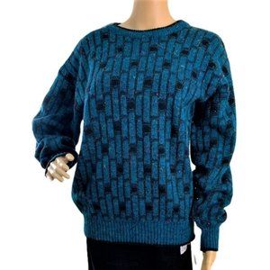 Hawk Creek Sweater Women Blue Black Cable Knit Long Sleeve Crew Neck Size L